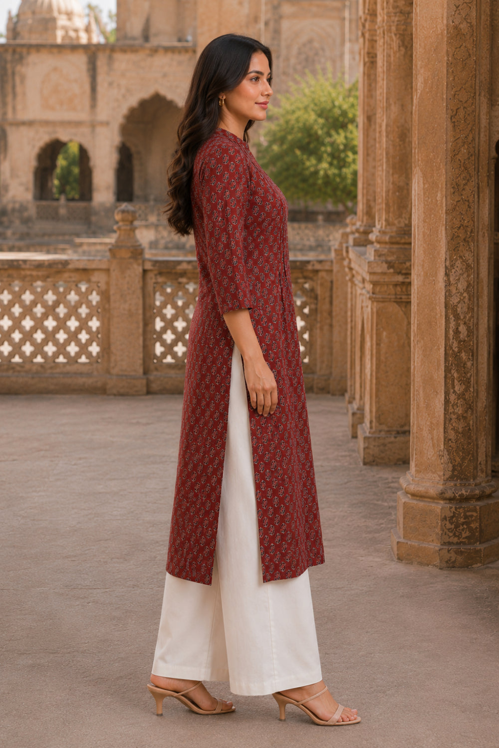 Maroon Hand Screen Print Pintuck Cotton Kurta