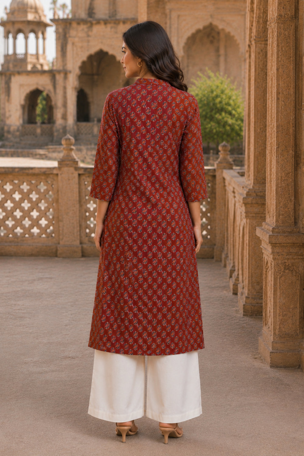 Maroon Hand Screen Print Pintuck Cotton Kurta