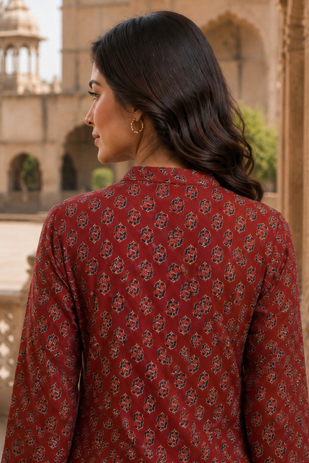 Maroon Hand Screen Print Pintuck Cotton Kurta