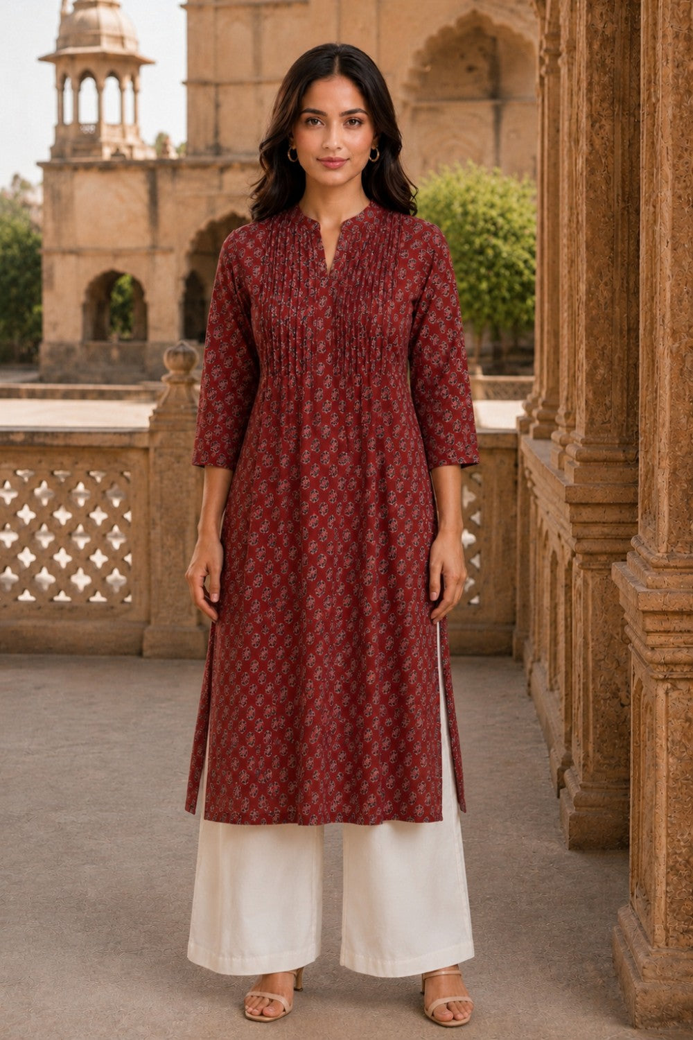 Maroon Hand Screen Print Pintuck Cotton Kurta