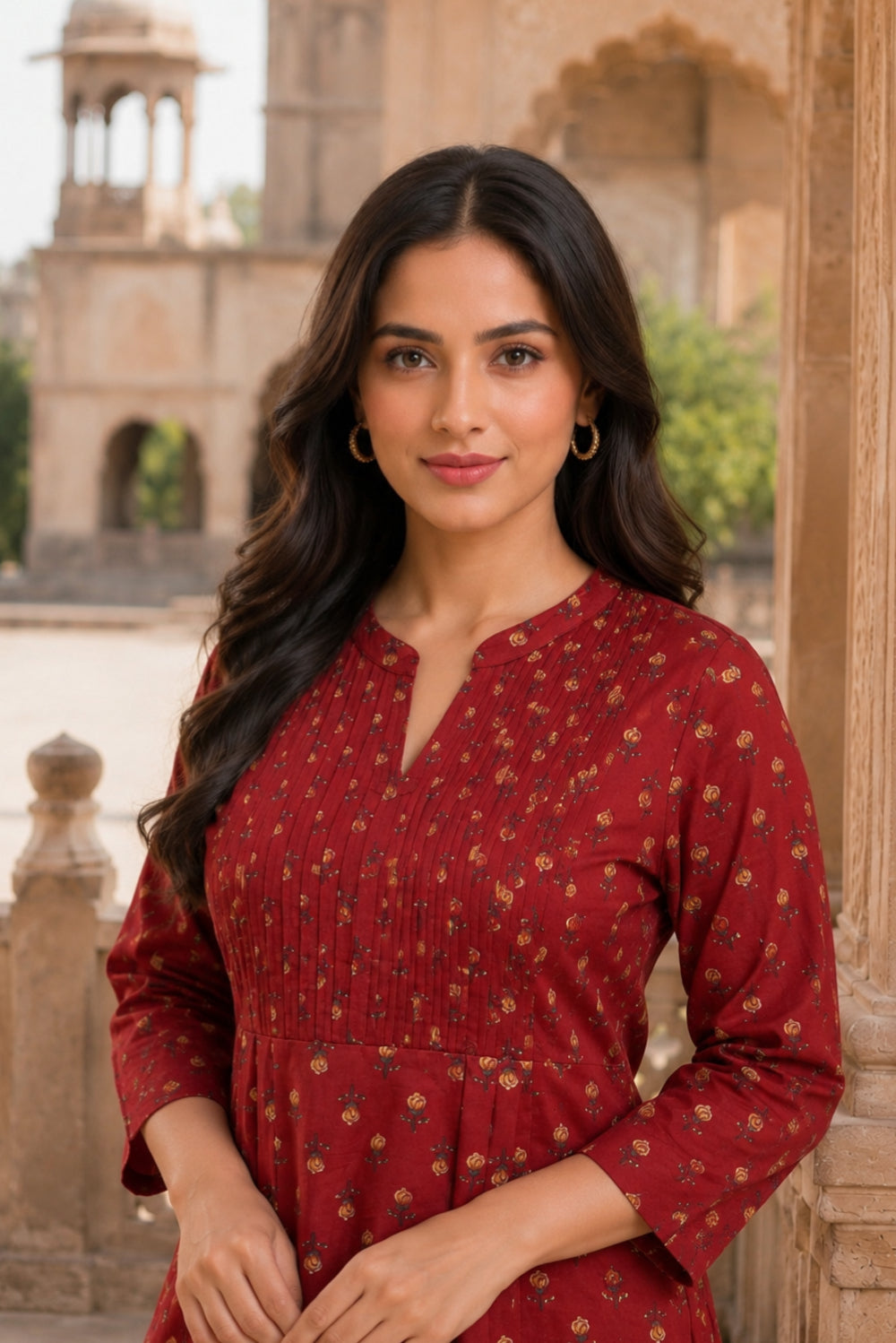 Red Buti Hand Screen Print Pintuck Cotton Kurta