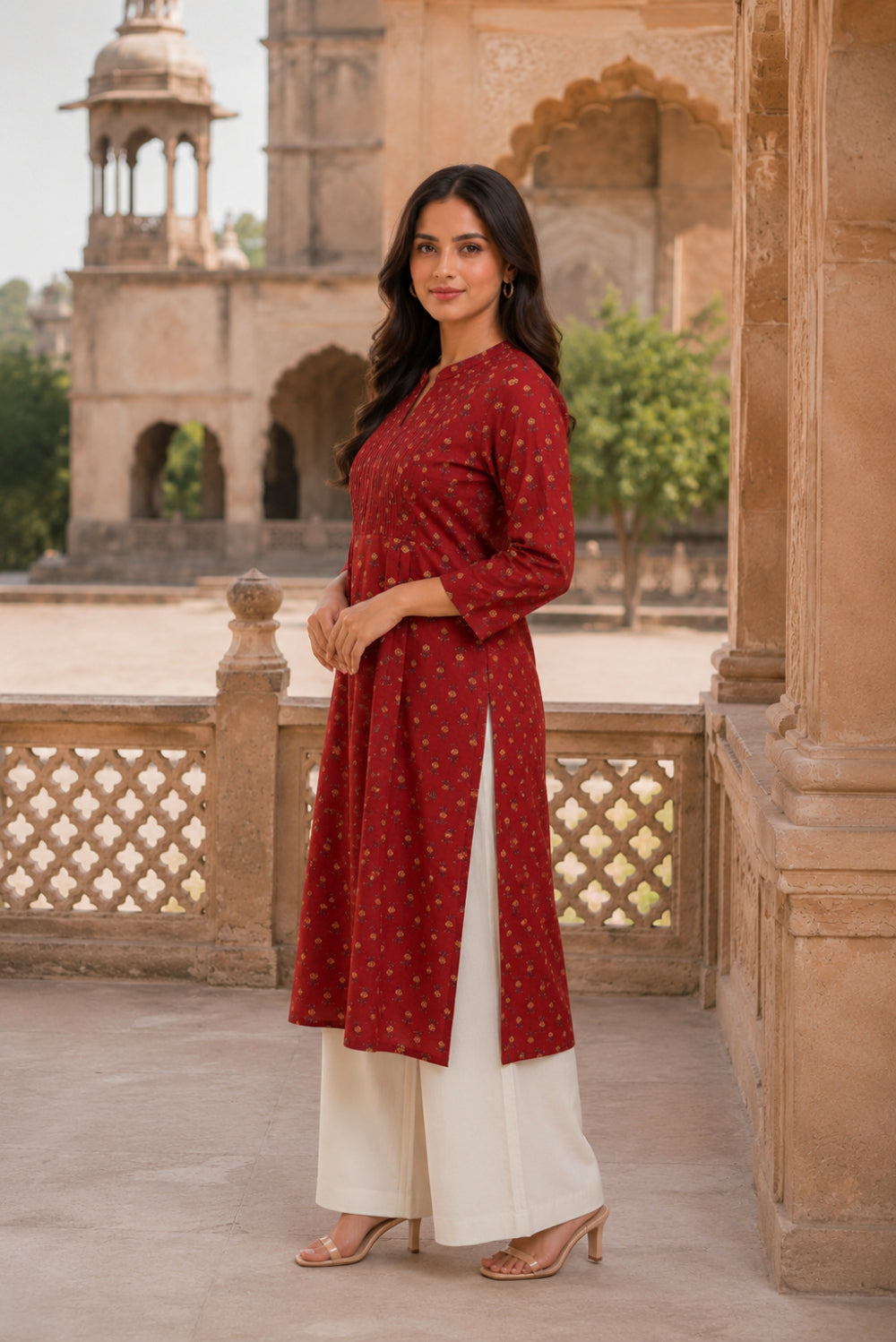 Red Buti Hand Screen Print Pintuck Cotton Kurta