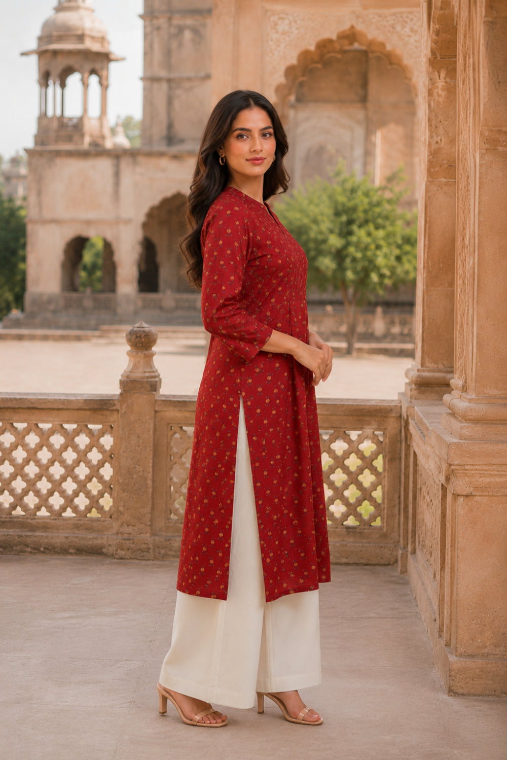 Red Buti Hand Screen Print Pintuck Cotton Kurta