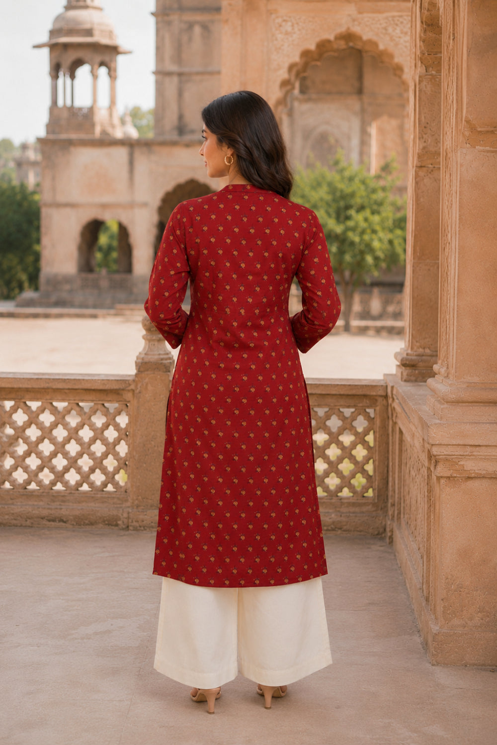 Red Buti Hand Screen Print Pintuck Cotton Kurta