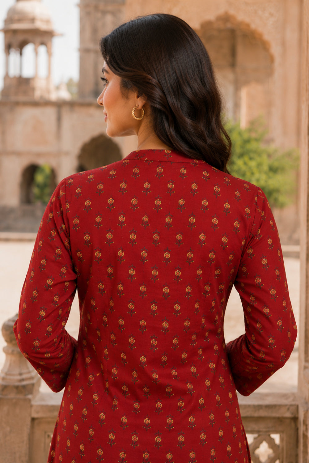 Red Buti Hand Screen Print Pintuck Cotton Kurta
