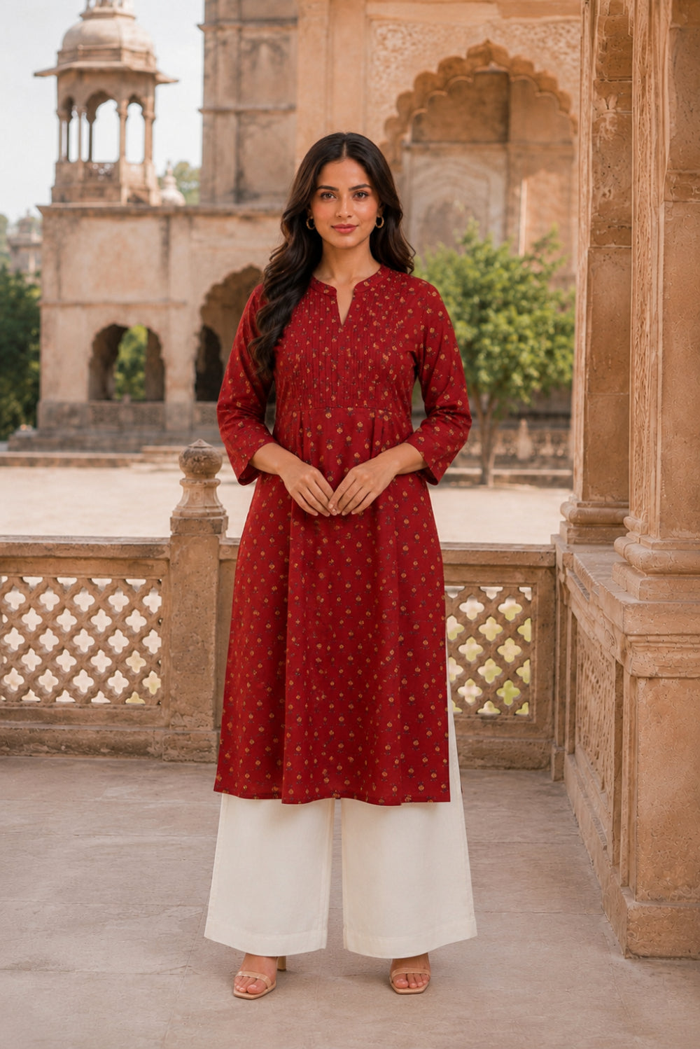 Red Buti Hand Screen Print Pintuck Cotton Kurta