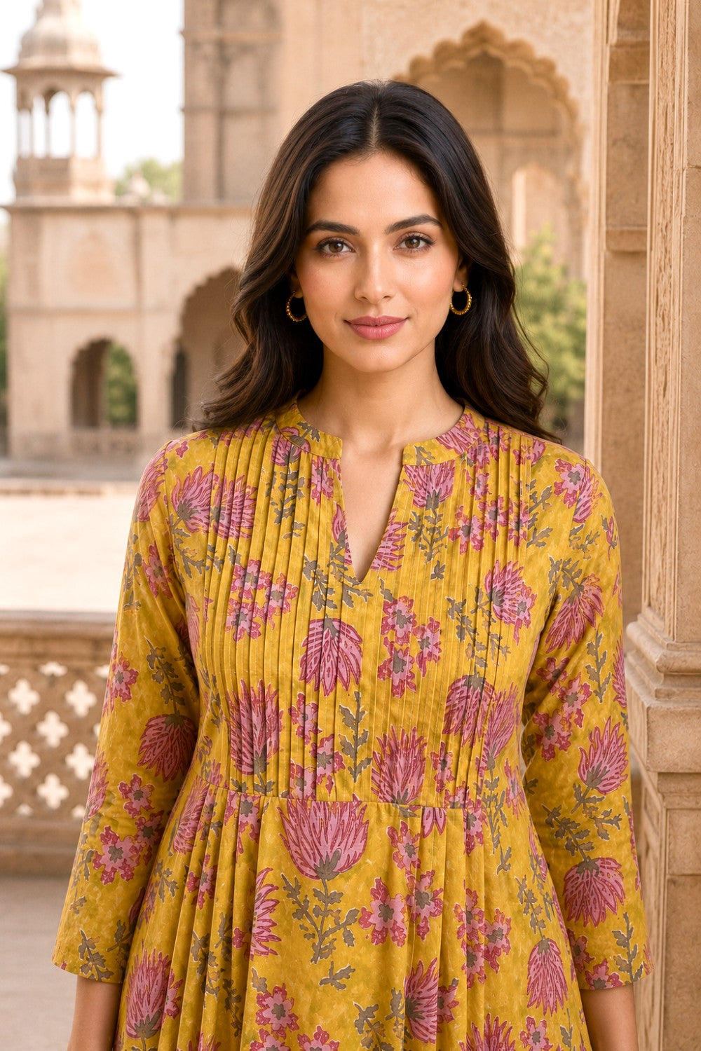 Yellow Hand Block Cotton Kurta