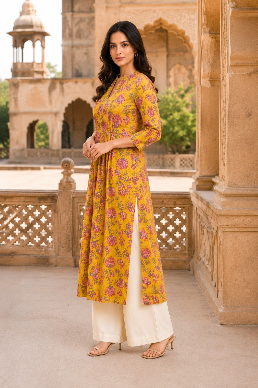 Yellow Hand Block Cotton Kurta