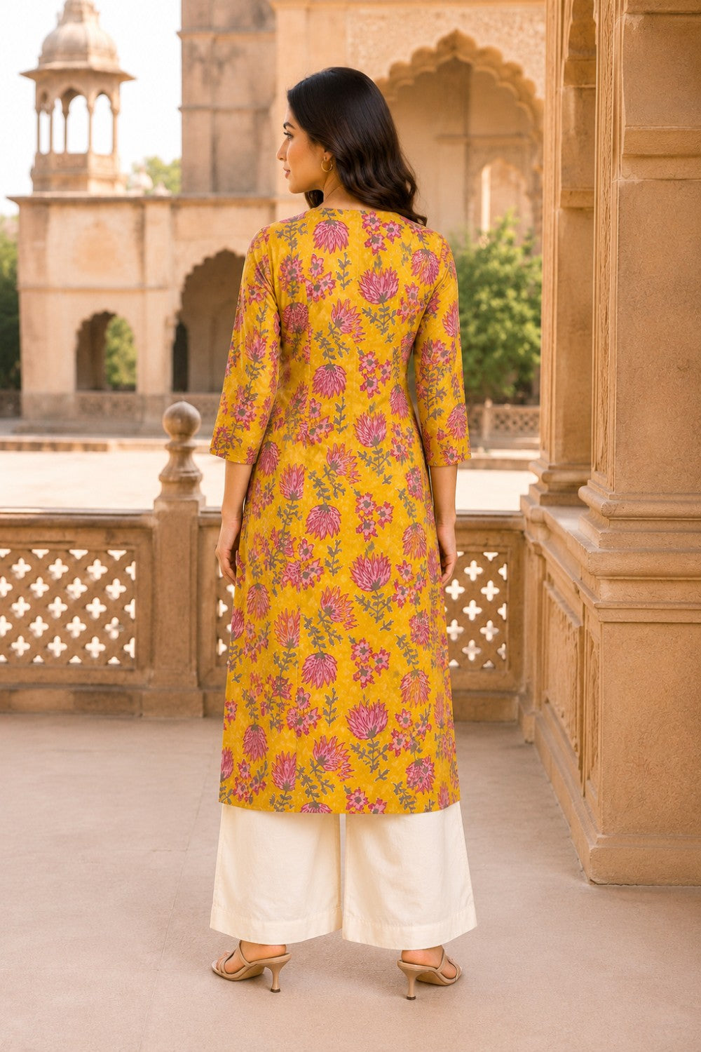 Yellow Hand Block Cotton Kurta