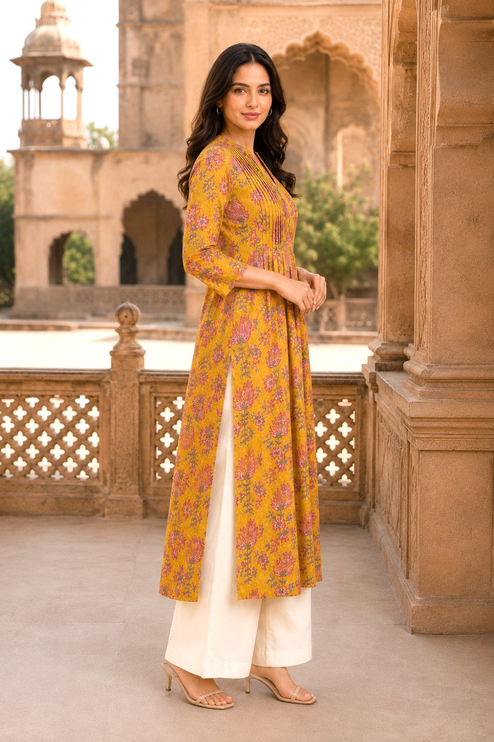 Yellow Hand Block Cotton Kurta