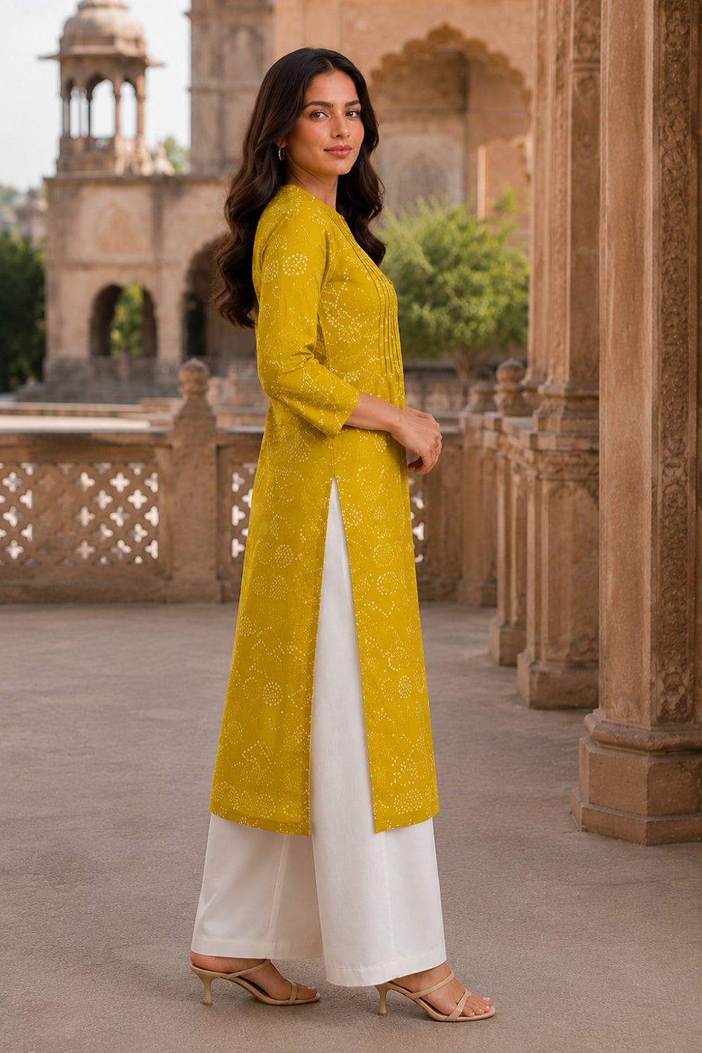 Yellow Hand Screen Print Pintuck Cotton Kurta