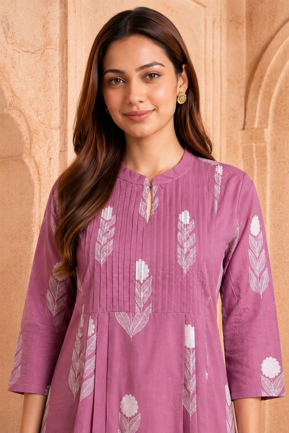 Pink Hand Screen Print Pintuck Cotton Kurta