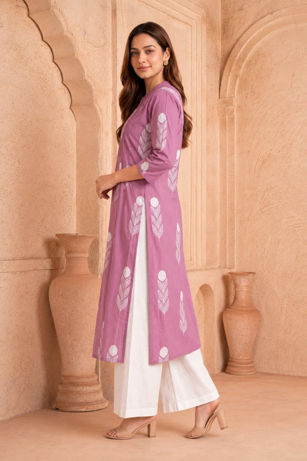 Pink Hand Screen Print Pintuck Cotton Kurta