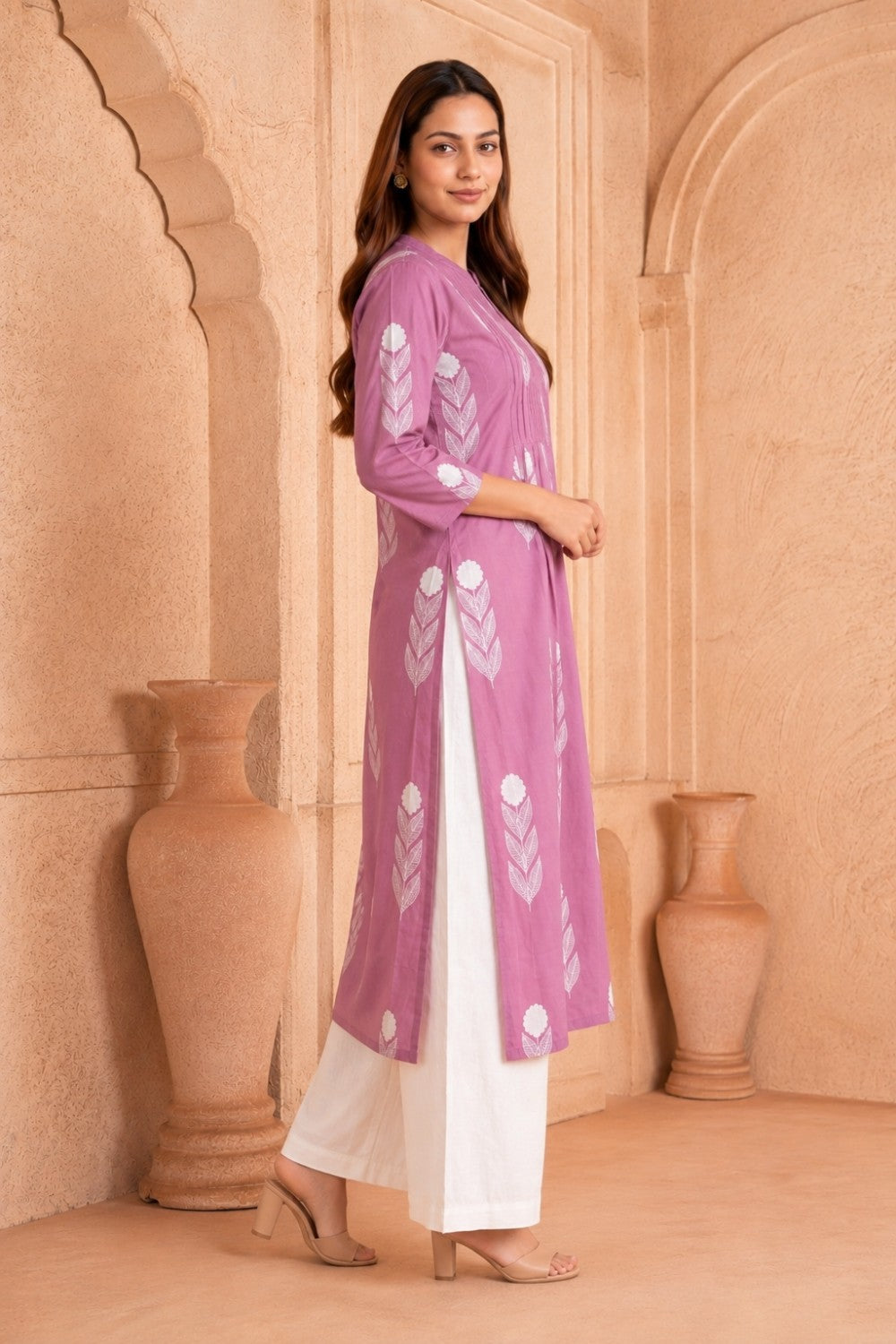 Pink Hand Screen Print Pintuck Cotton Kurta