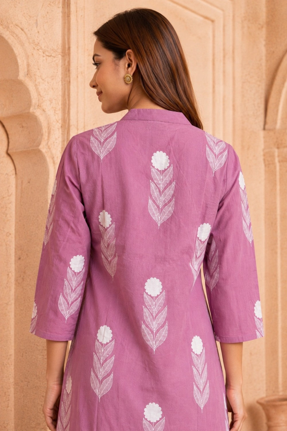 Pink Hand Screen Print Pintuck Cotton Kurta