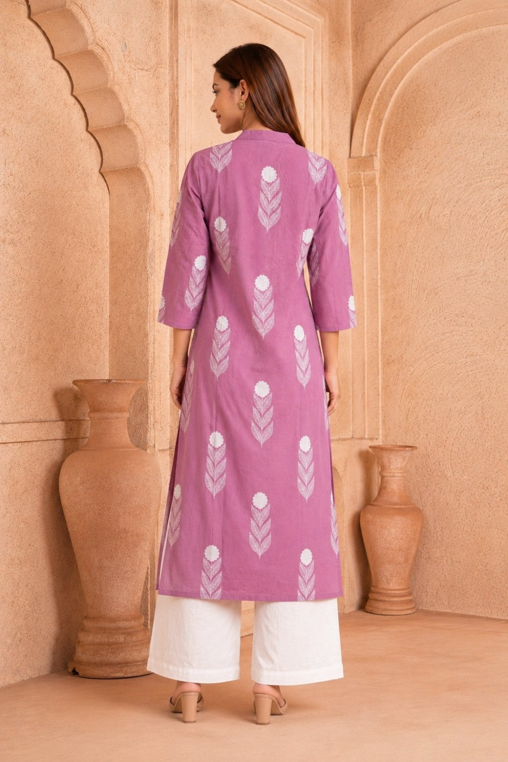 Pink Hand Screen Print Pintuck Cotton Kurta