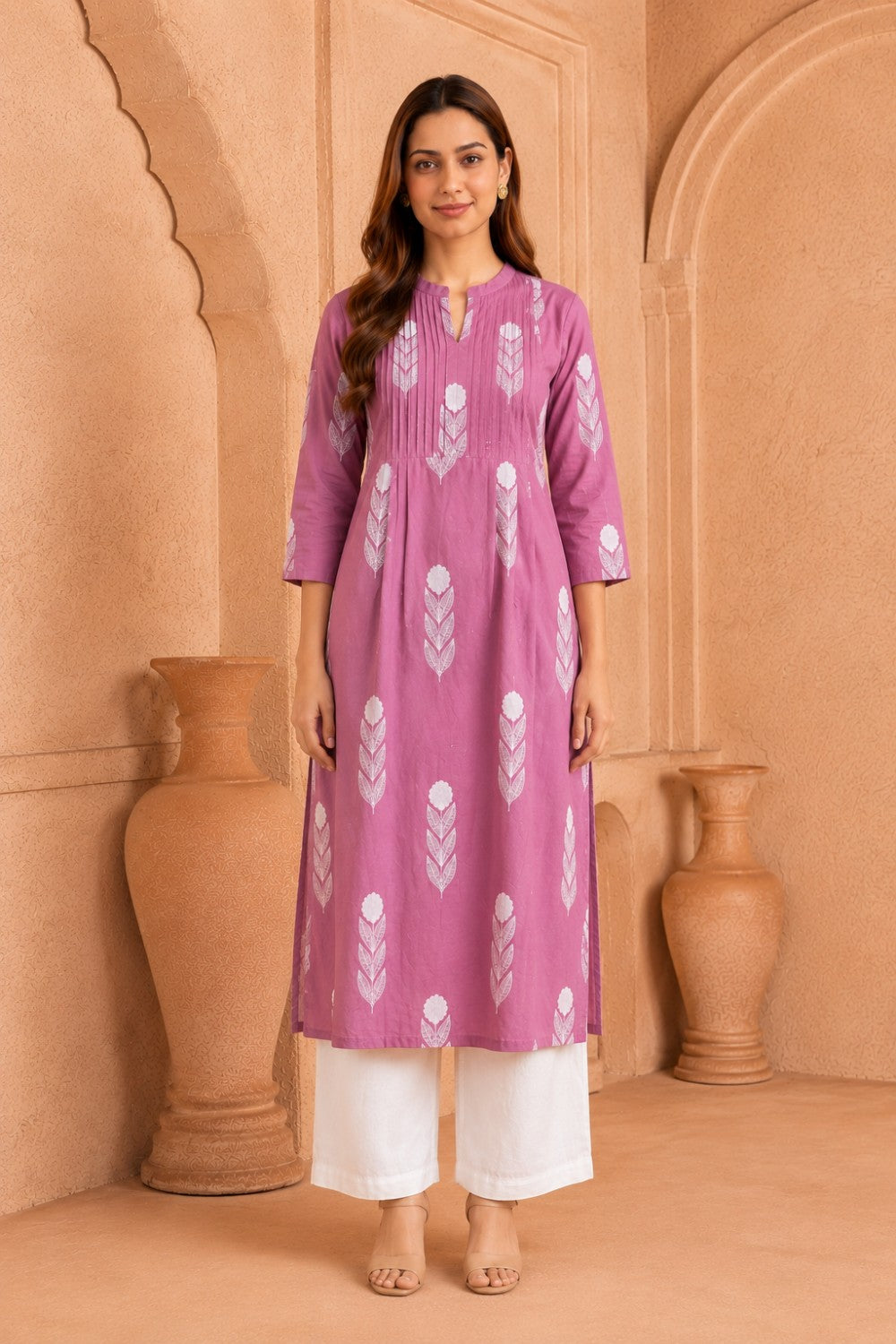 Pink Hand Screen Print Pintuck Cotton Kurta