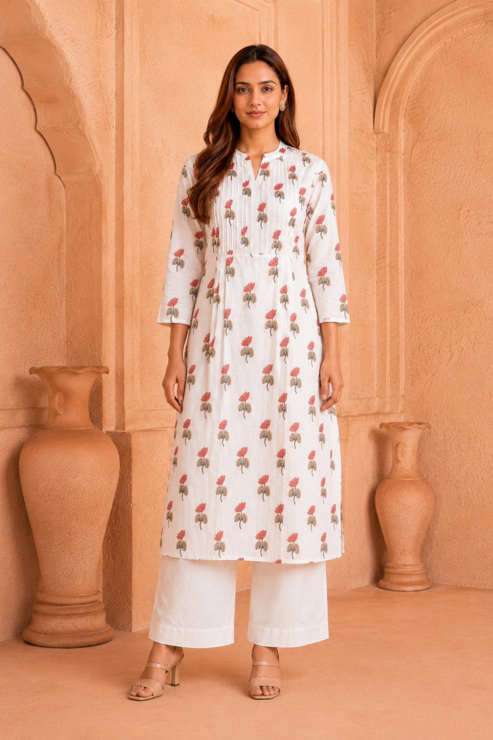White Hand Block Cotton Kurta