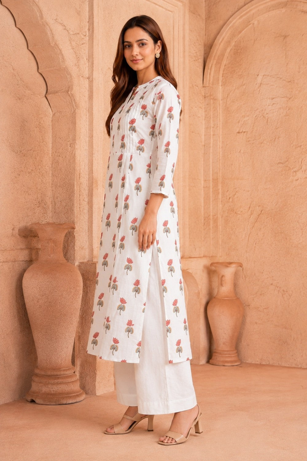 White Hand Block Cotton Kurta