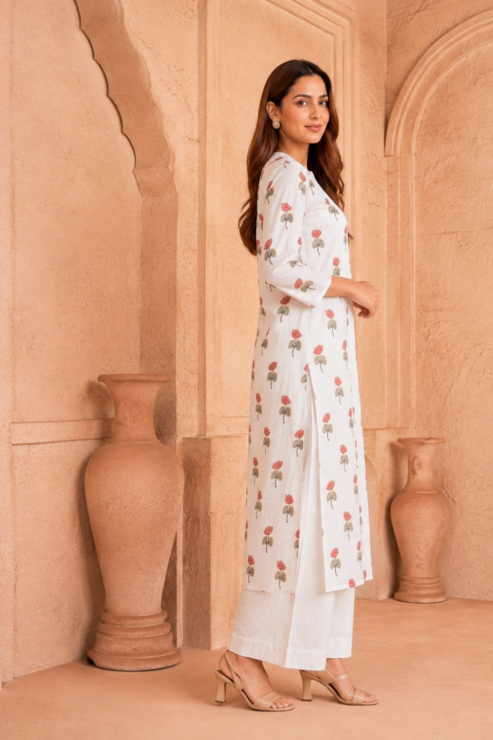 White Hand Block Cotton Kurta