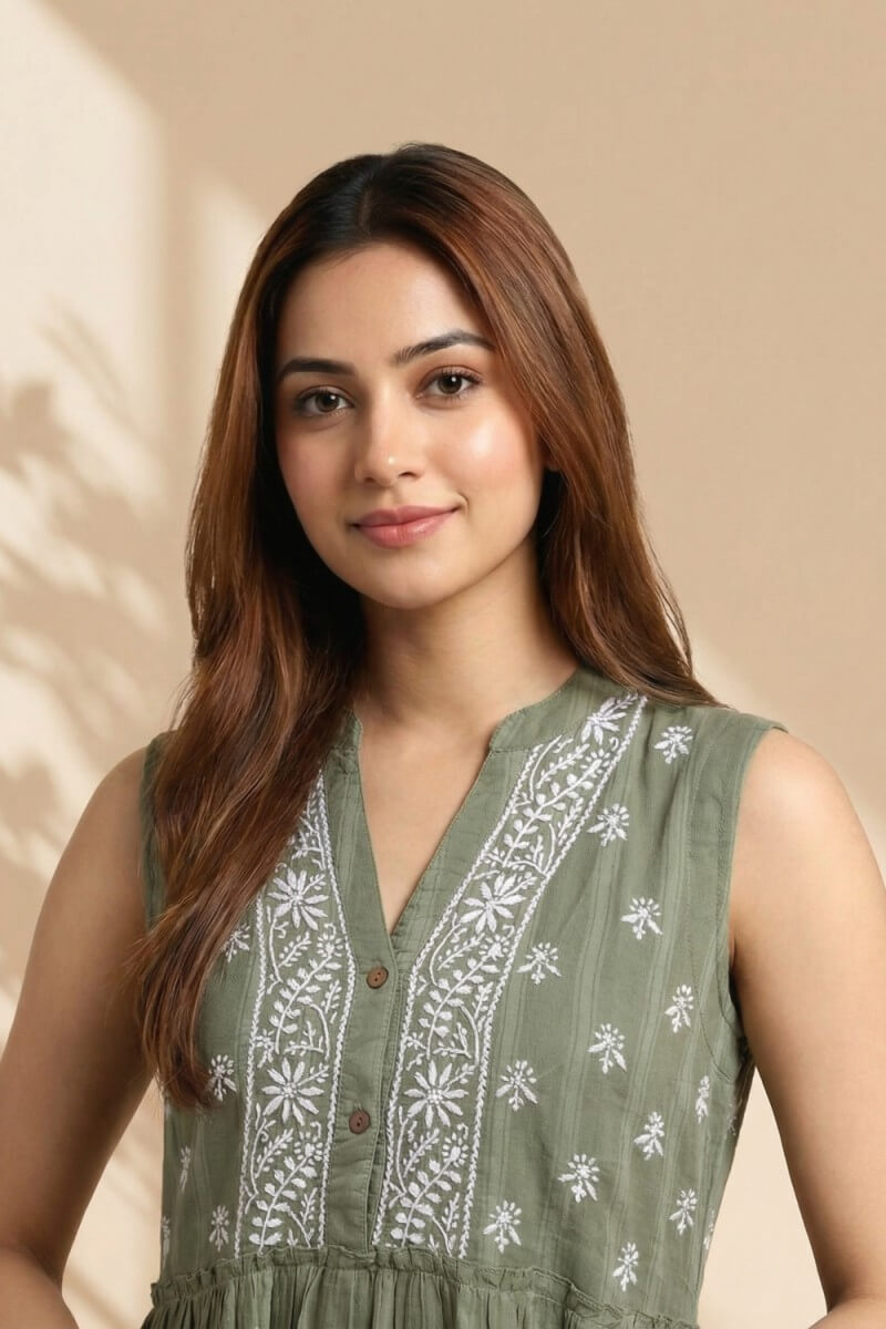 Olive Whisper Hand Chikankari Cotton Dobby Kurta