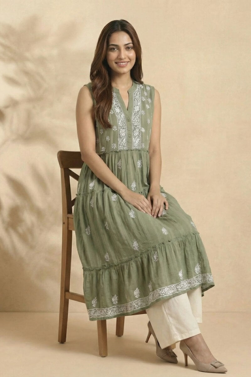 Olive Whisper Hand Chikankari Cotton Dobby Kurta
