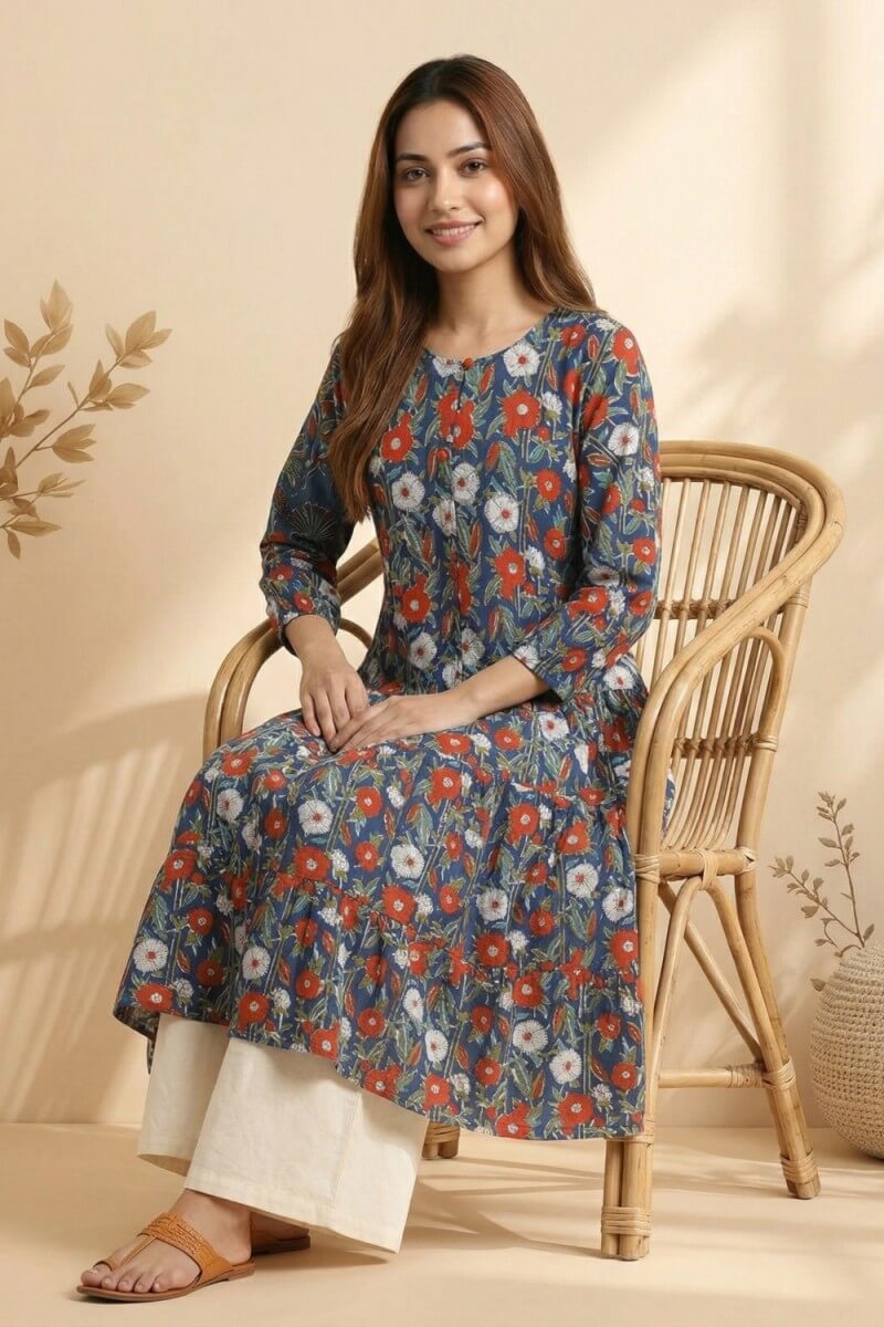 Midnight Bloom Hand Block Cotton Kurta