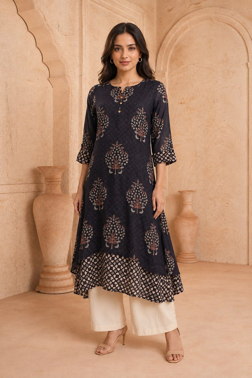 Nayra Mulmul Ajrakh Layered Kurta