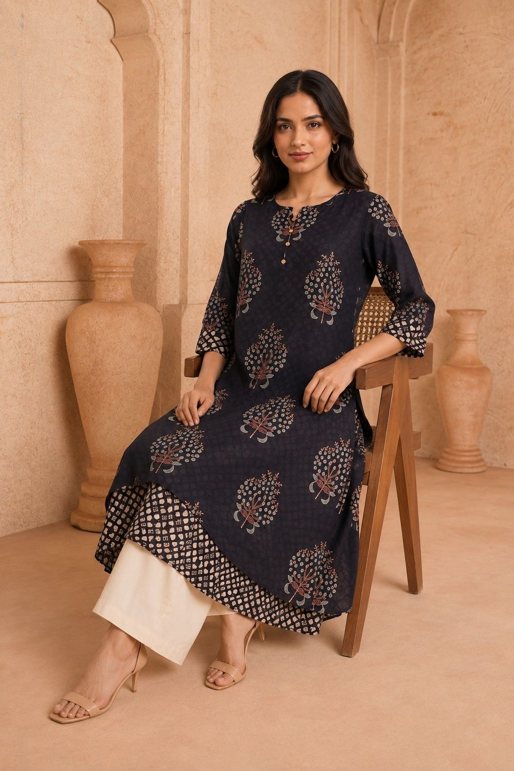 Nayra Mulmul Ajrakh Layered Kurta