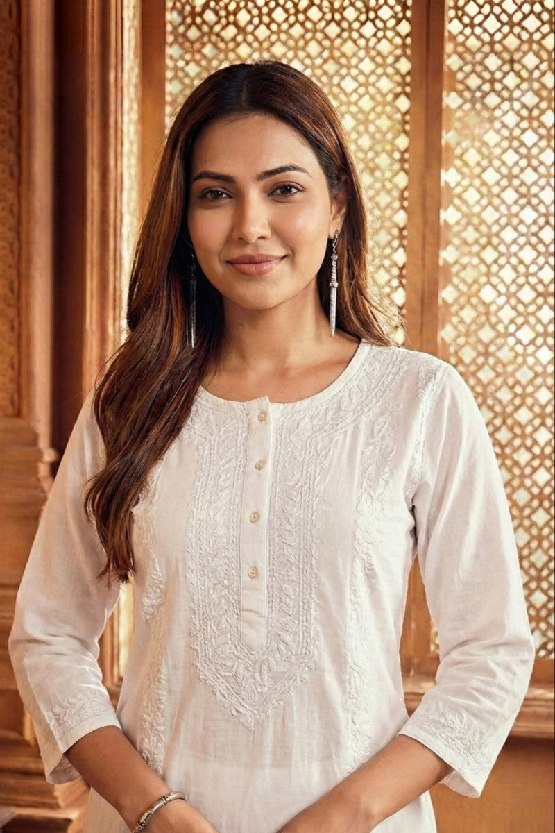 White Cotton Slub Kurta Set with Hand Chikan Embroidery