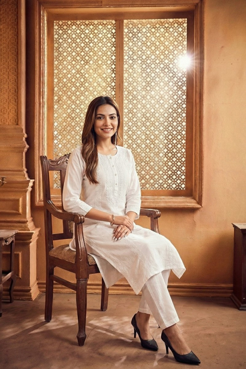 White Cotton Slub Kurta Set with Hand Chikan Embroidery