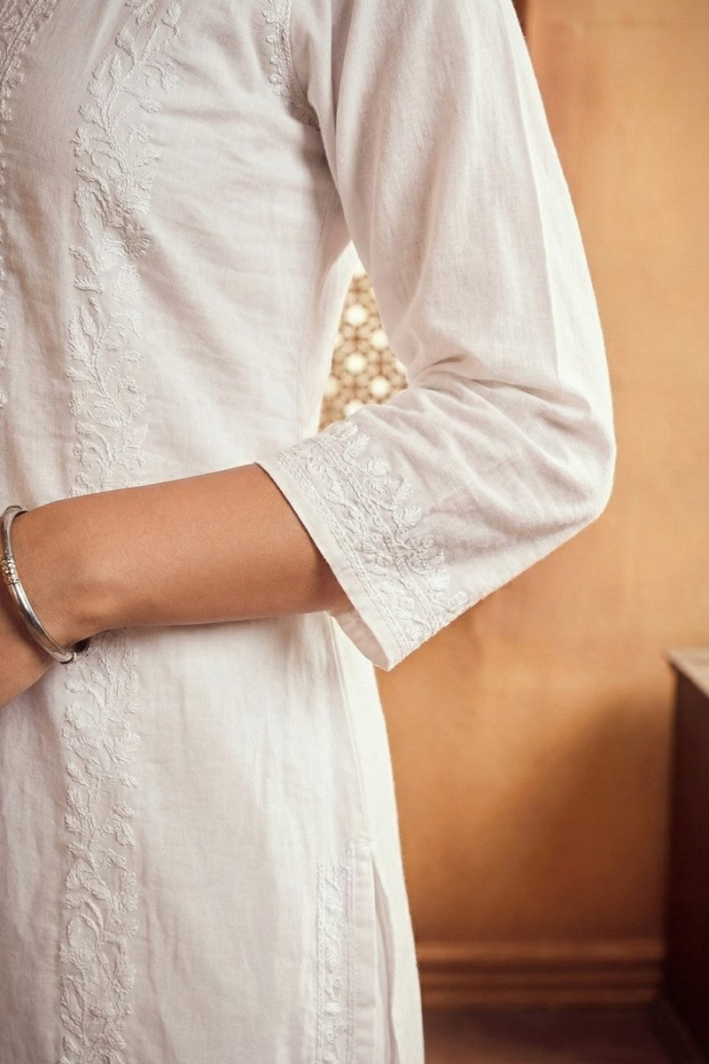 White Cotton Slub Kurta Set with Hand Chikan Embroidery