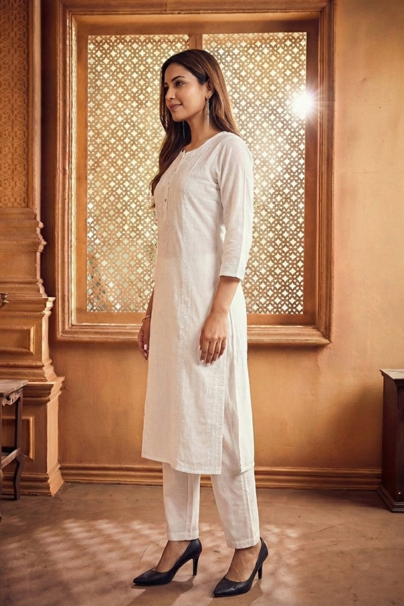 White Cotton Slub Kurta Set with Hand Chikan Embroidery
