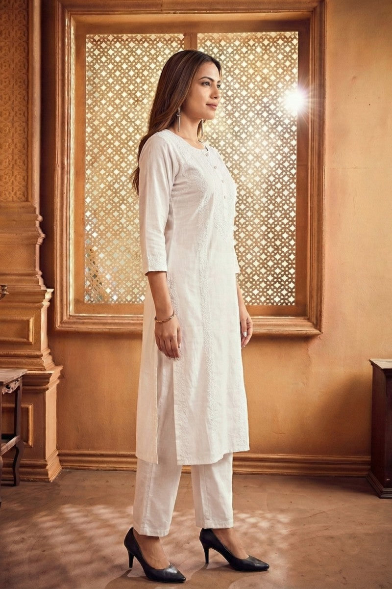White Cotton Slub Kurta Set with Hand Chikan Embroidery