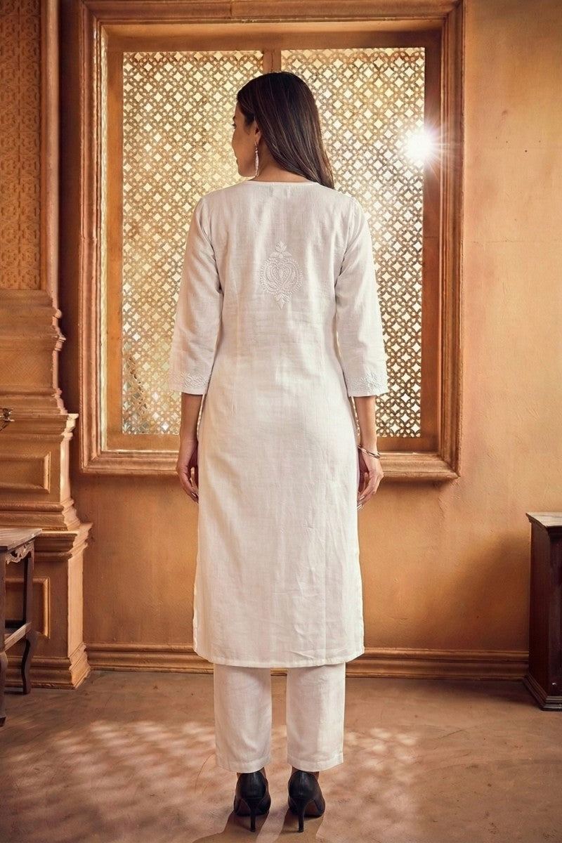 White Cotton Slub Kurta Set with Hand Chikan Embroidery