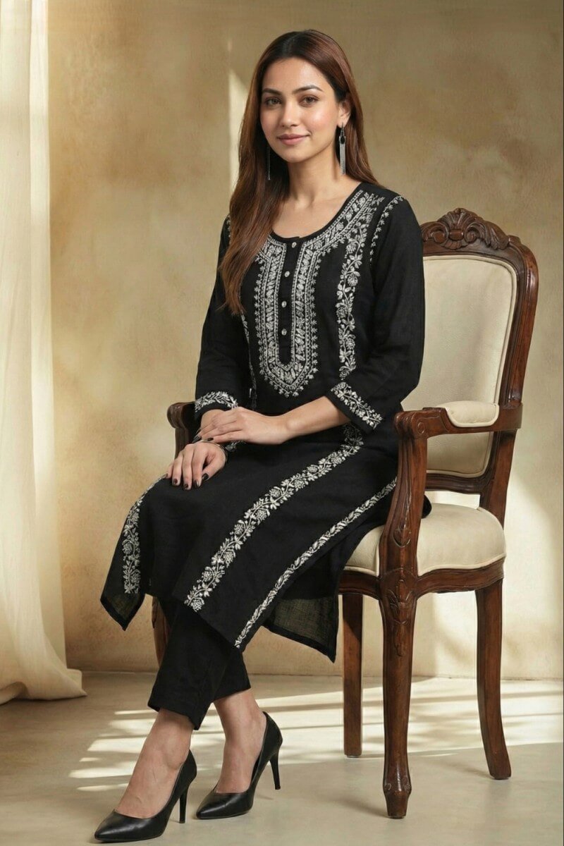 Noir Elegance Hand Chikankari Cotton Kurta Set
