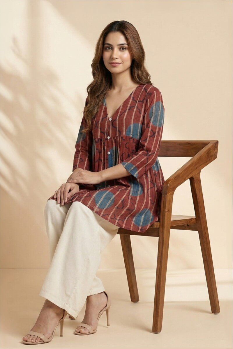Red Whisper Ajrakh Dobby Top