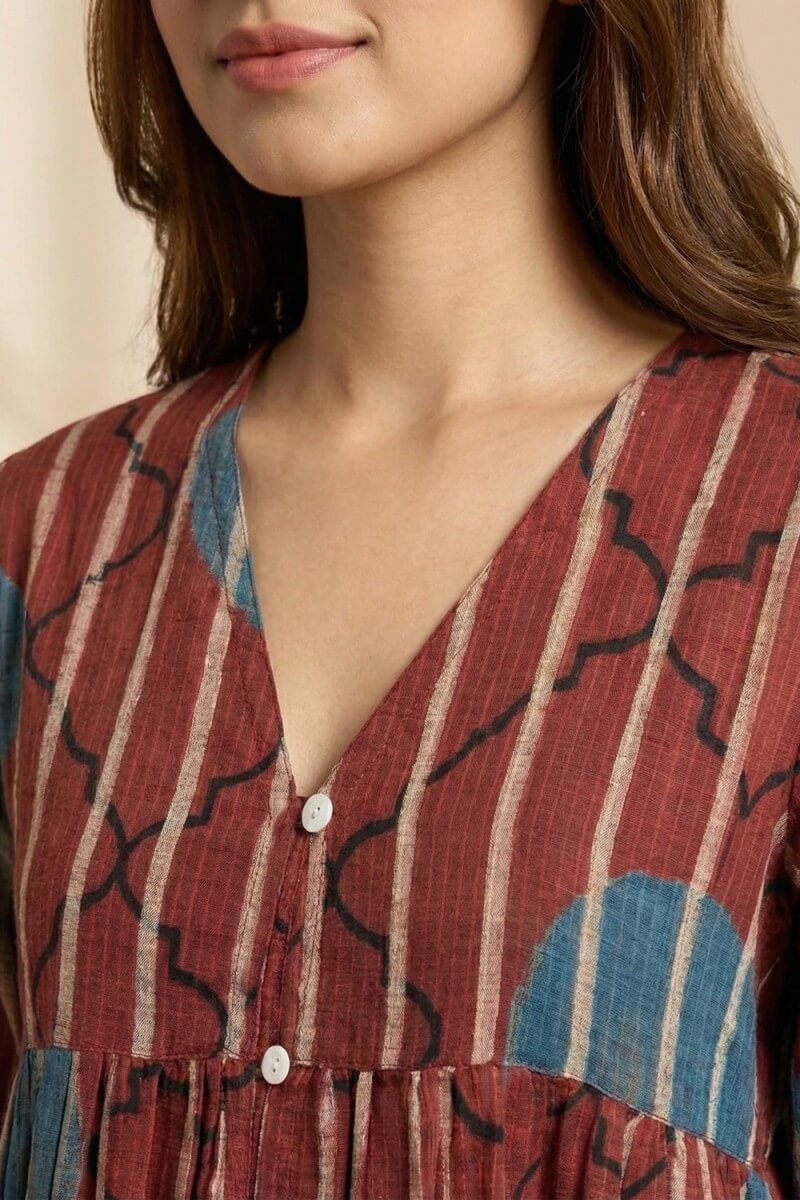 Red Whisper Ajrakh Dobby Top