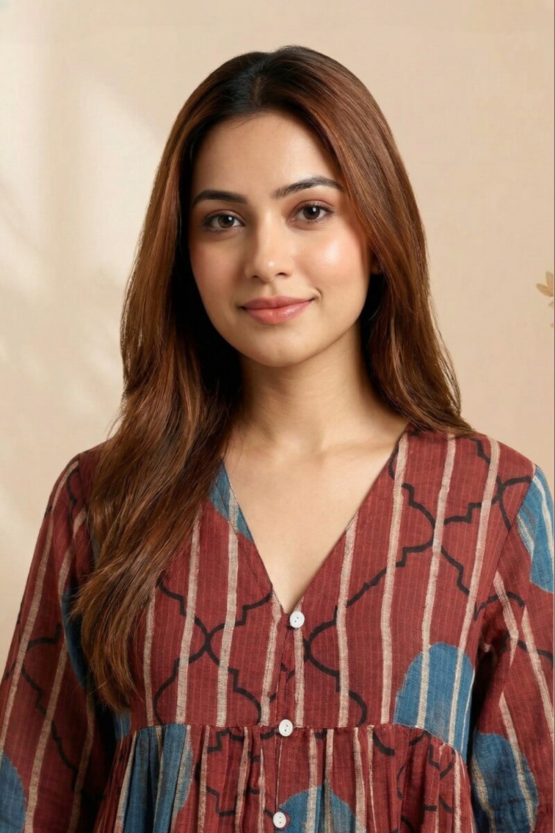 Red Whisper Ajrakh Dobby Top