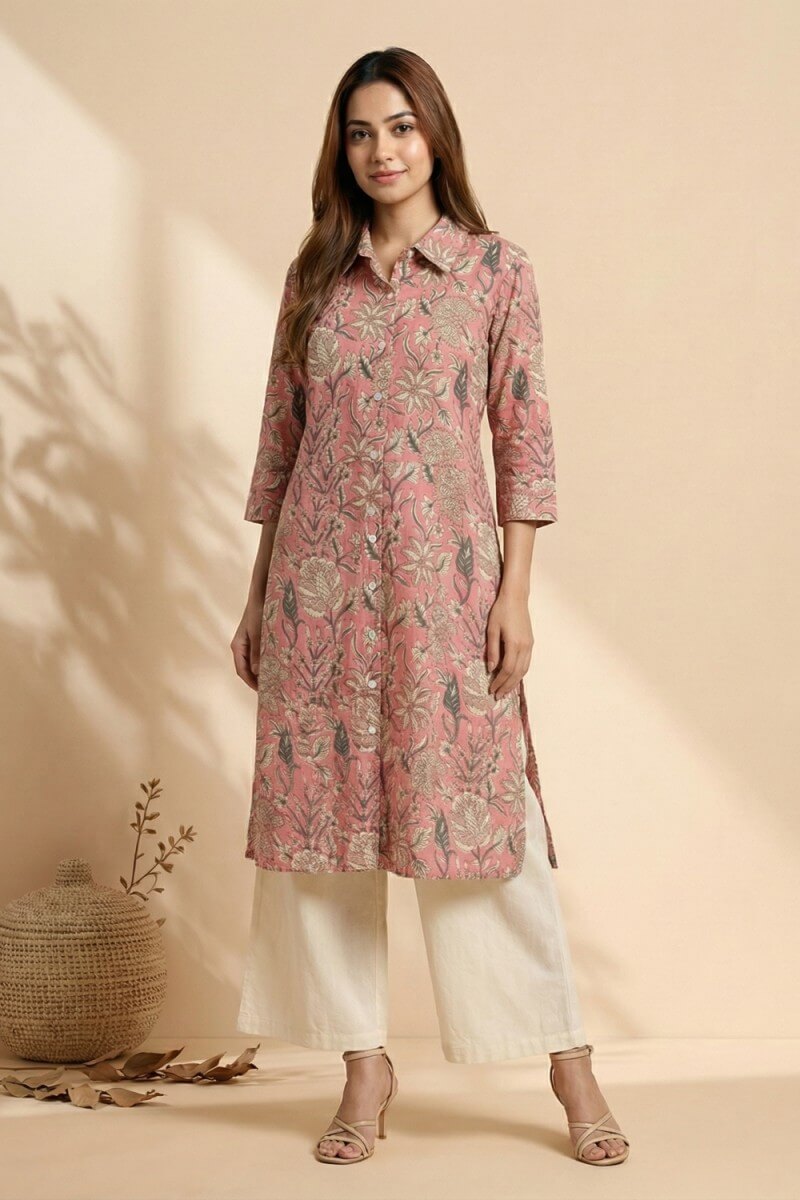 Blush Garden Handblock Cotton Kurta