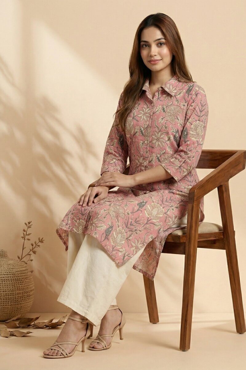 Blush Garden Handblock Cotton Kurta
