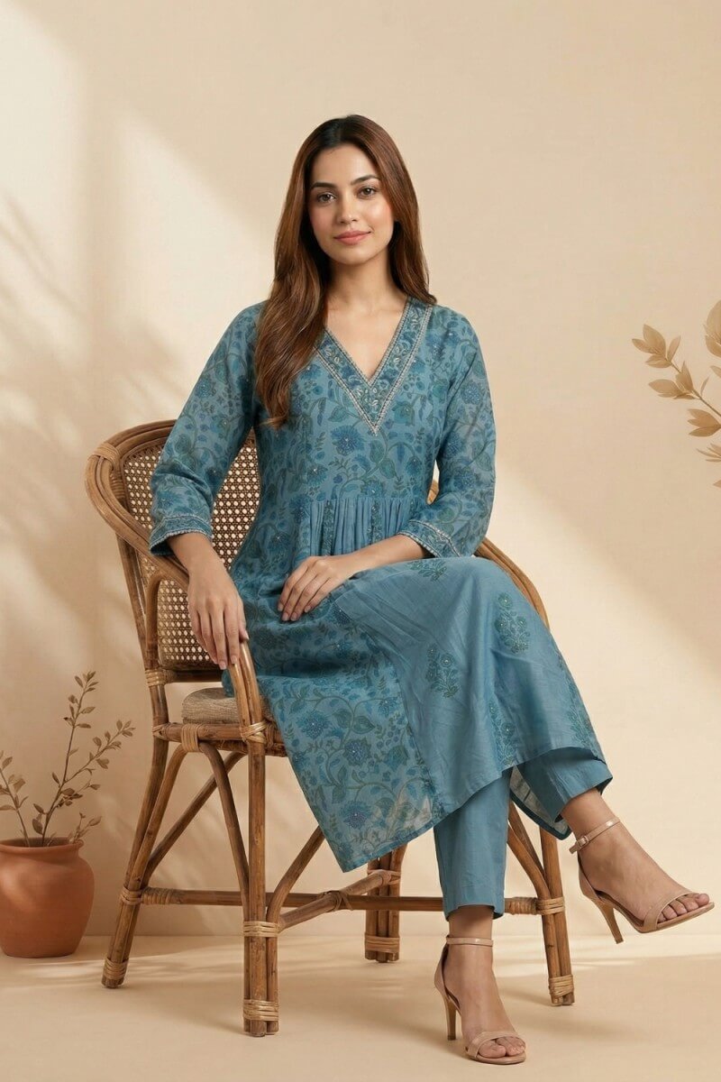 Azure Bloom Handcrafted Chanderi Co-ord Set