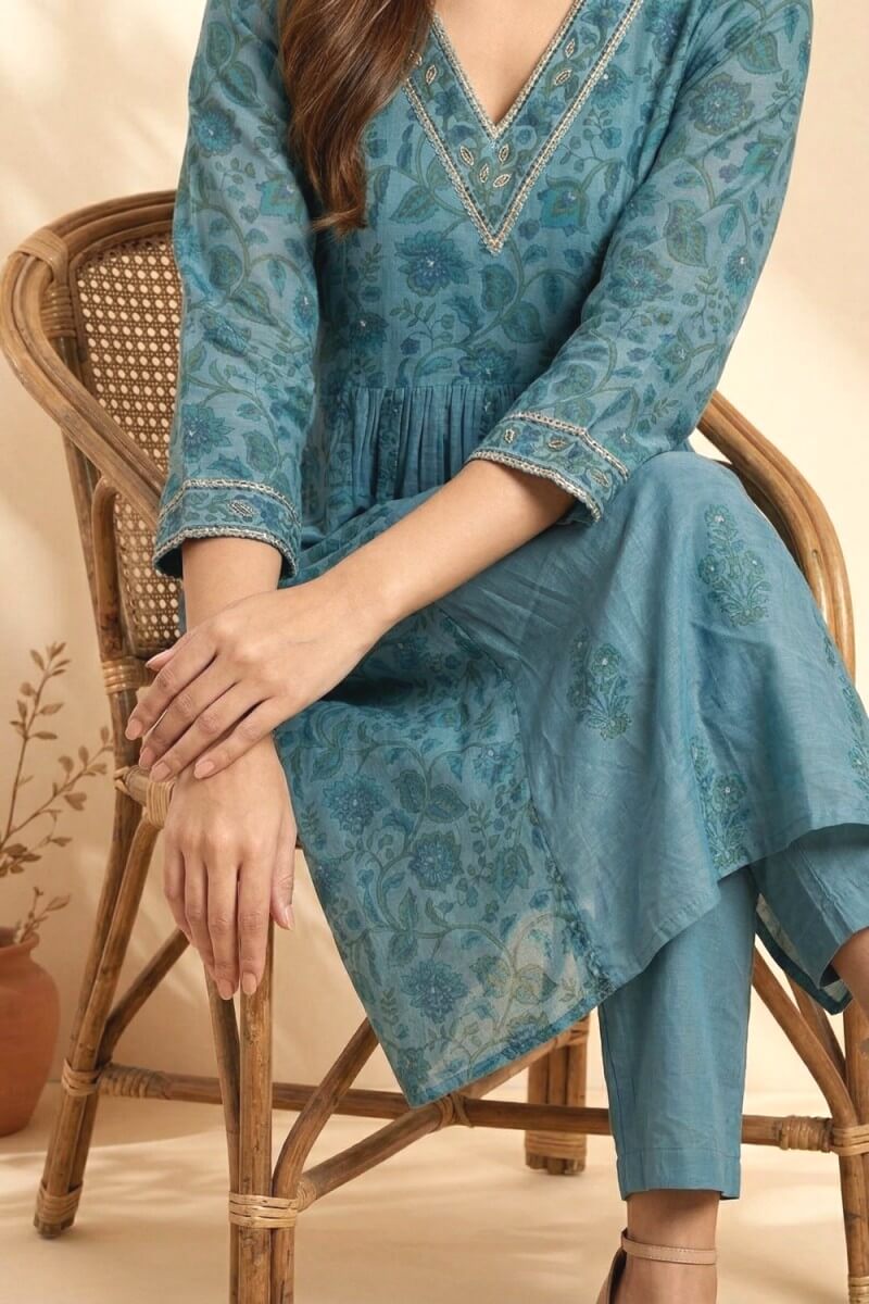 Azure Bloom Handcrafted Chanderi Co-ord Set