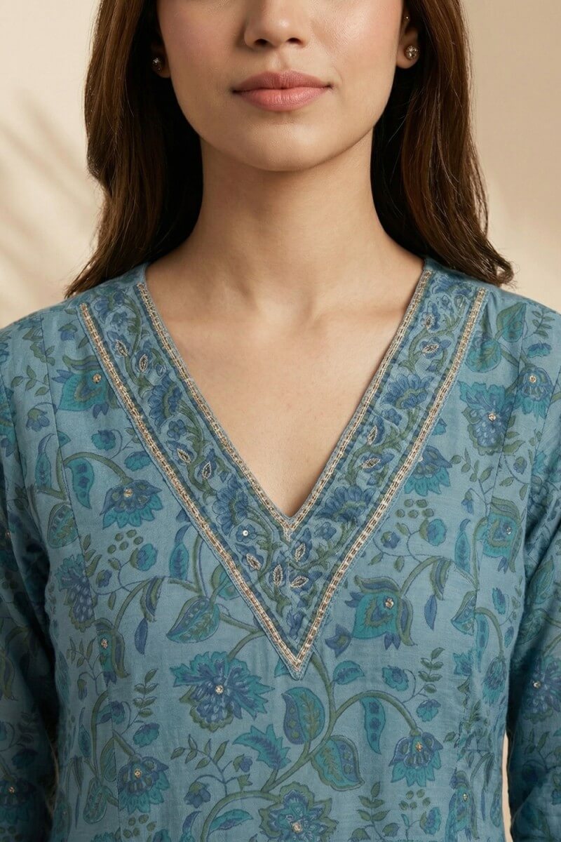 Azure Bloom Handcrafted Chanderi Co-ord Set