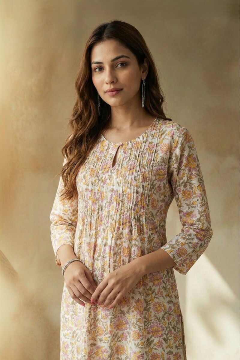 Blush Meadow Hand Block Cotton Kurta