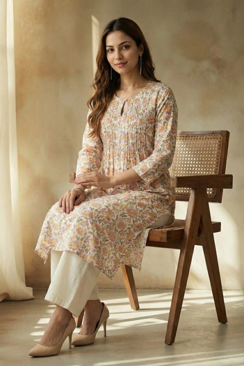 Blush Meadow Hand Block Cotton Kurta