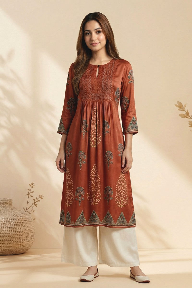 Rust Veera Ajrakh Embroidered Modal Kurta