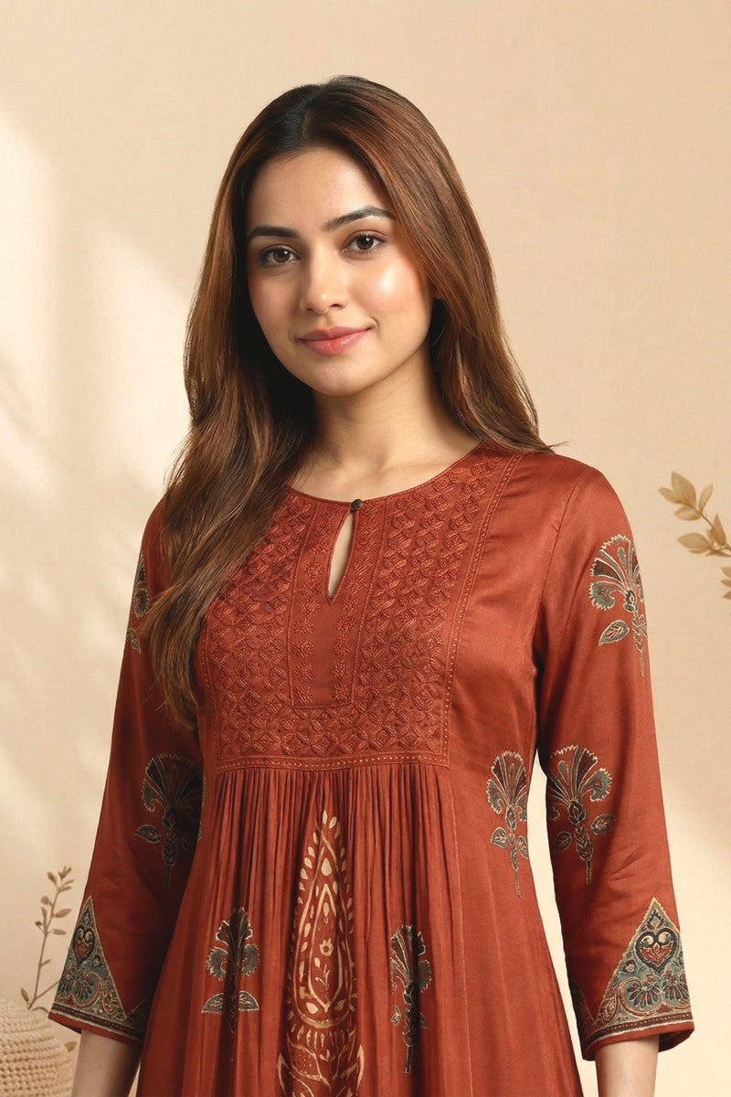 Rust Veera Ajrakh Embroidered Modal Kurta