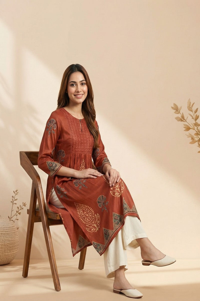 Rust Veera Ajrakh Embroidered Modal Kurta