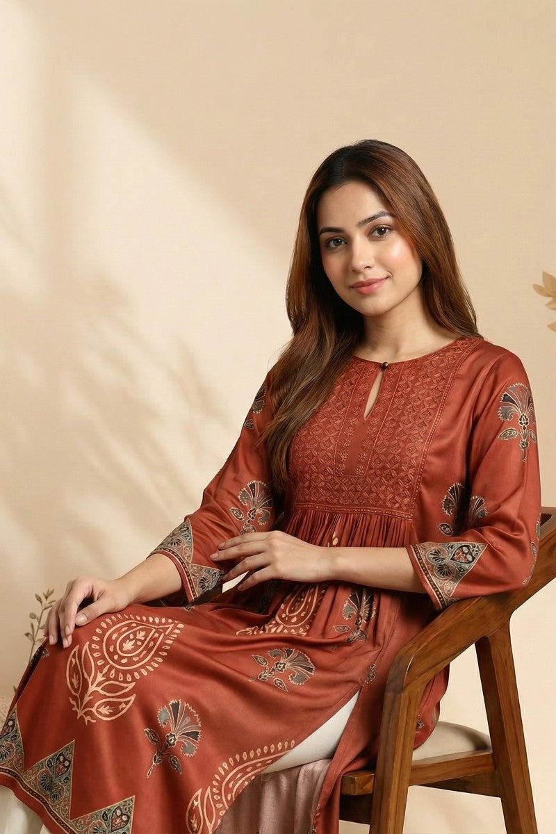 Rust Veera Ajrakh Embroidered Modal Kurta